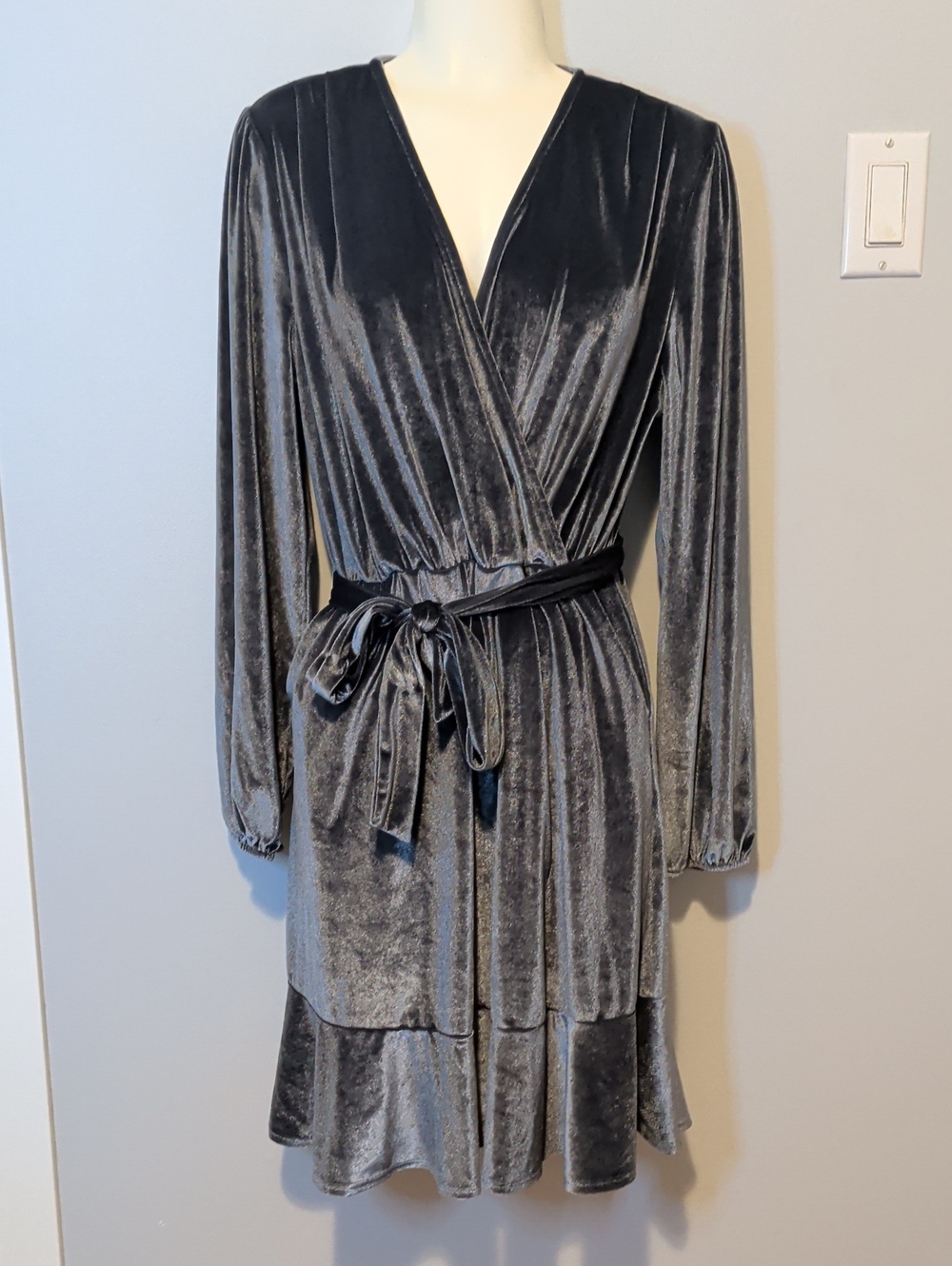 Dex Gray Velvet Faux Wrap Dress Long Sleeve Ruffle Hem Party Cocktail Dress